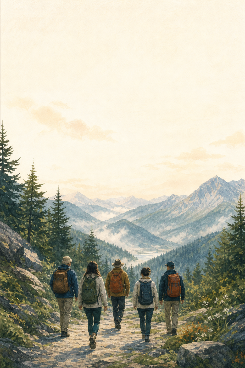 五位旅人走向遠山的手繪插畫