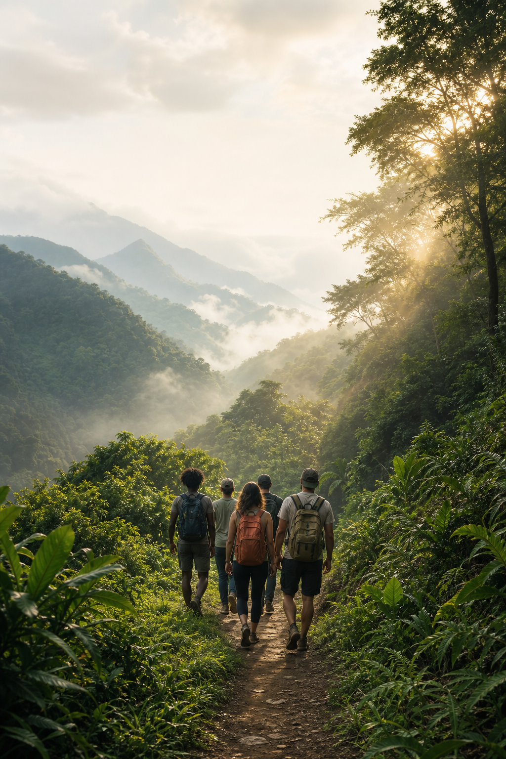 五位旅人走在晨霧瀰漫的深山森林步道上